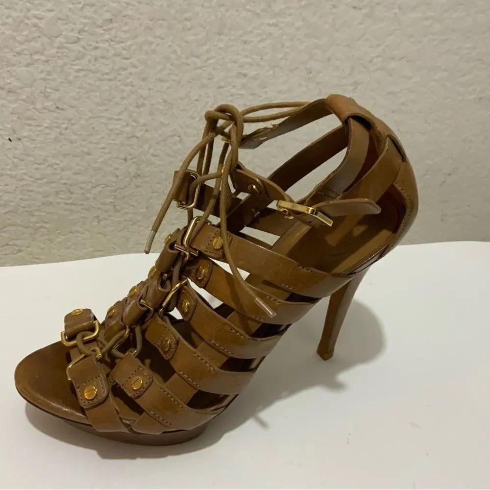 Tory Burch Gladiator Lace Up studded gold platform sandals Tan size 7.5 M